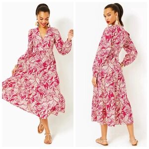 Lilly Pulitzer Sz 14 Tropical Floral Balloon Long Sleeve Fit & Flare Midi Dress‎